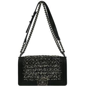 Boy Chanel Black Tweed Lambskin Medium Double Chain Shoulder Bag 186859